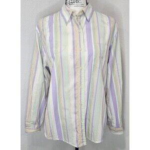 Vintage Ralph Lauren Women's Pastel Striped Rolled Tab Sleeve Button Shirt Sz L